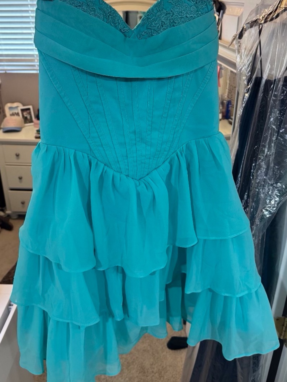Teal Strapless Ruffled Chiffon Cocktail Dress